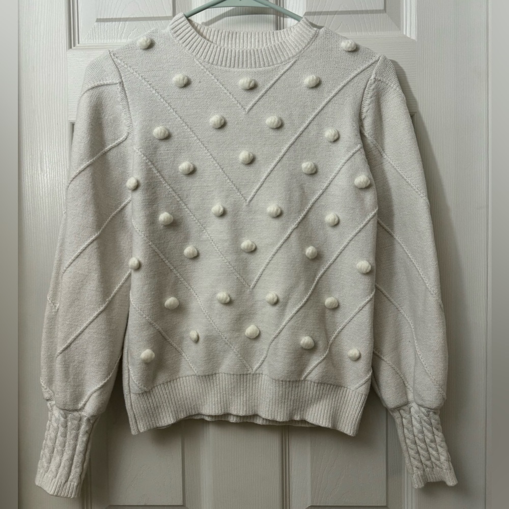 White Lantern sleeve pom pom knit sweater SIMPLEE